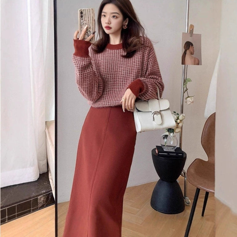 レトロチェックニットトップス×スカートセット