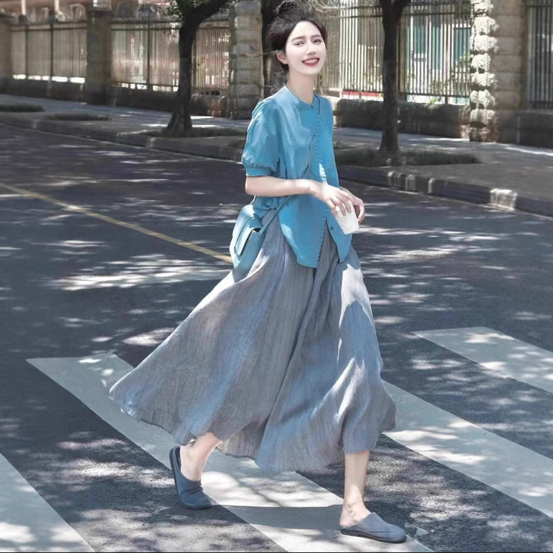 アジアン風ブラウス×フレアスカートセット