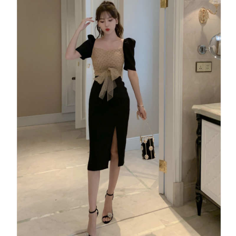 ドットチュールコンビスリットタイトワンピース