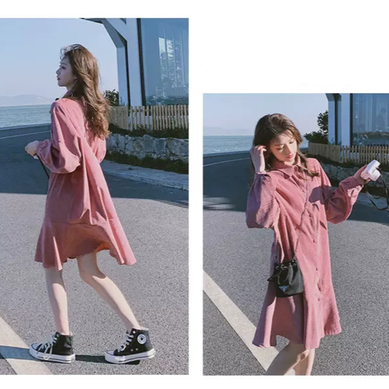 コーデュロイショート丈ワンピース