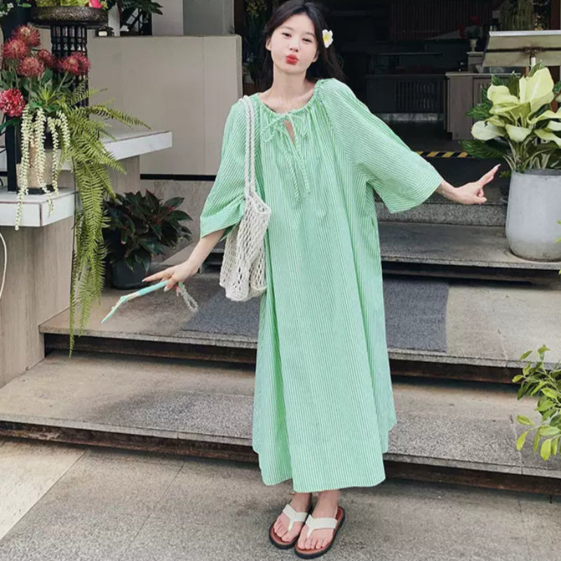 グリーンストライプシャツワンピース