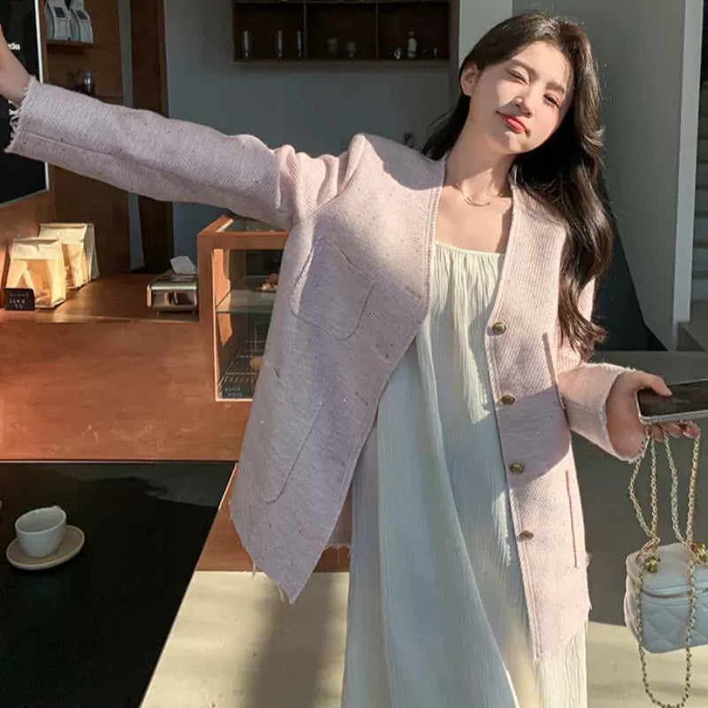 エレガントノーカラーツイードジャケット(3colors)