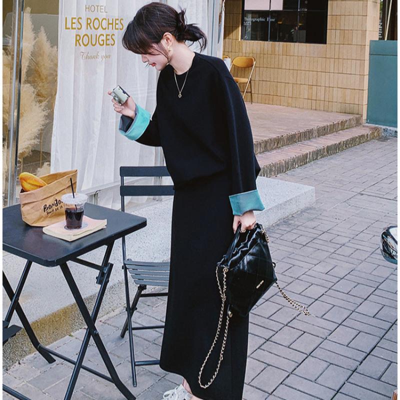 スウェットバイカラートップス×スカートセット