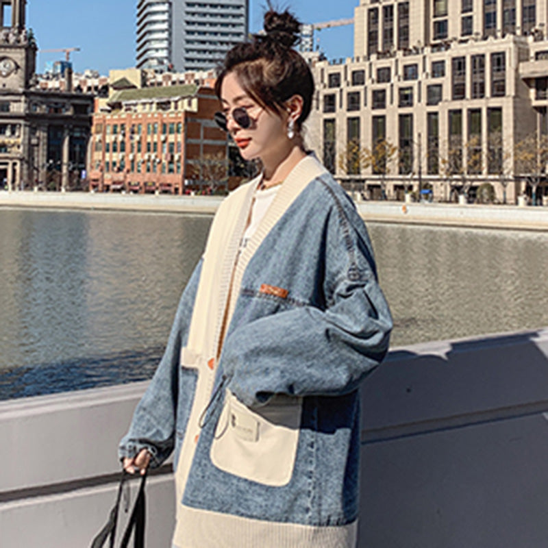 異素材MIXデザインニット×デニムジャケット