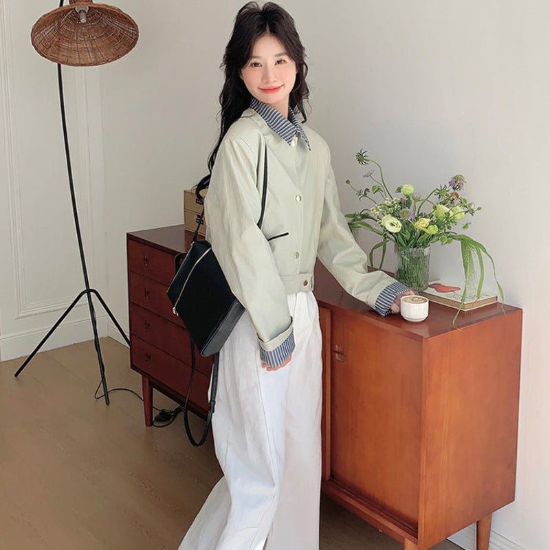 ストライプシャツドッキングPUレザージャケット