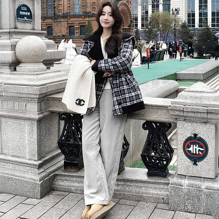 ボア裏ビッグカラーチェックコート