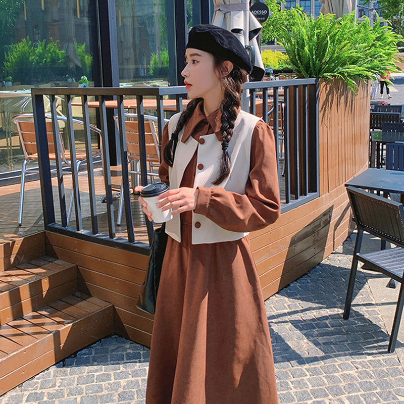 【即納】2WAYバイカラーベスト×ワンピースセット