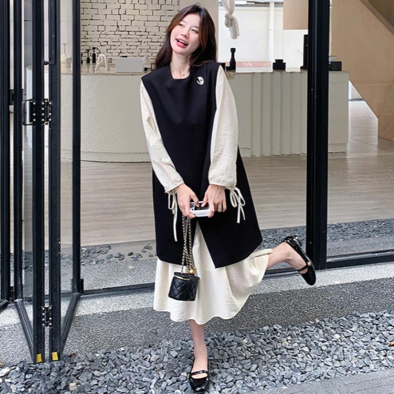 ロングベスト×ワンピースレイヤードセット