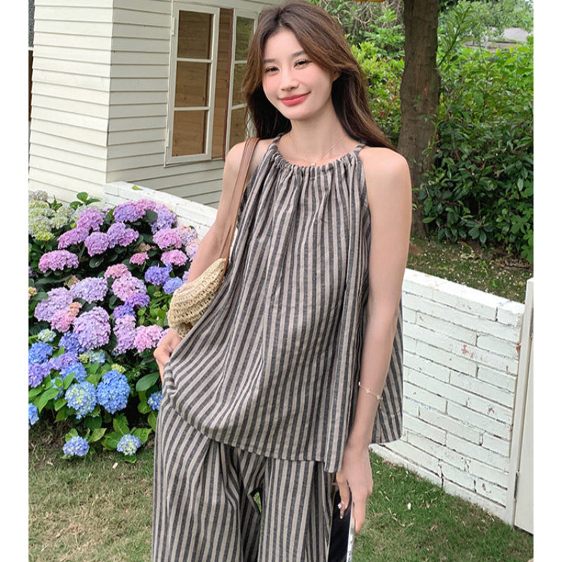 ストライプホルターネックトップス×パンツセット