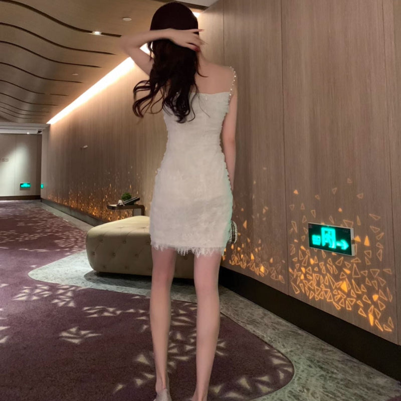 ラインストーンストラップチュールミニドレス(2colors)