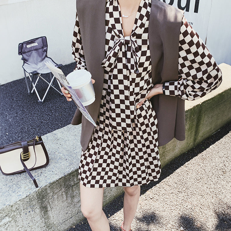 チェック柄ワンピース×ベストセット