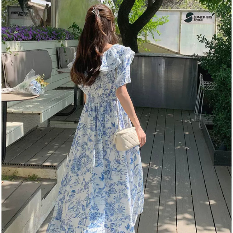 ラッフルカラーボタニカルプリントワンピ