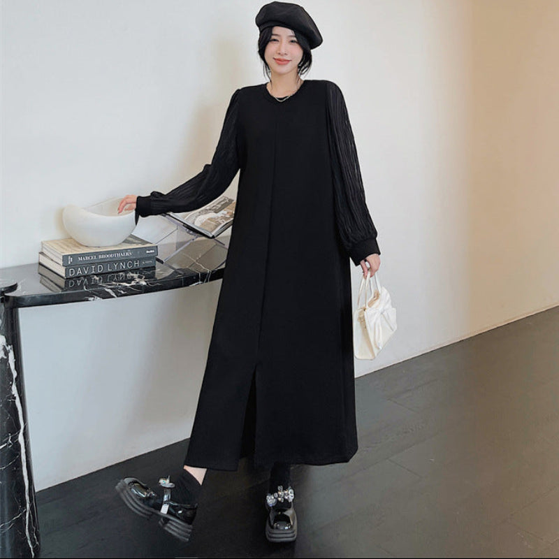 シフォンロングスリーブブラックワンピース