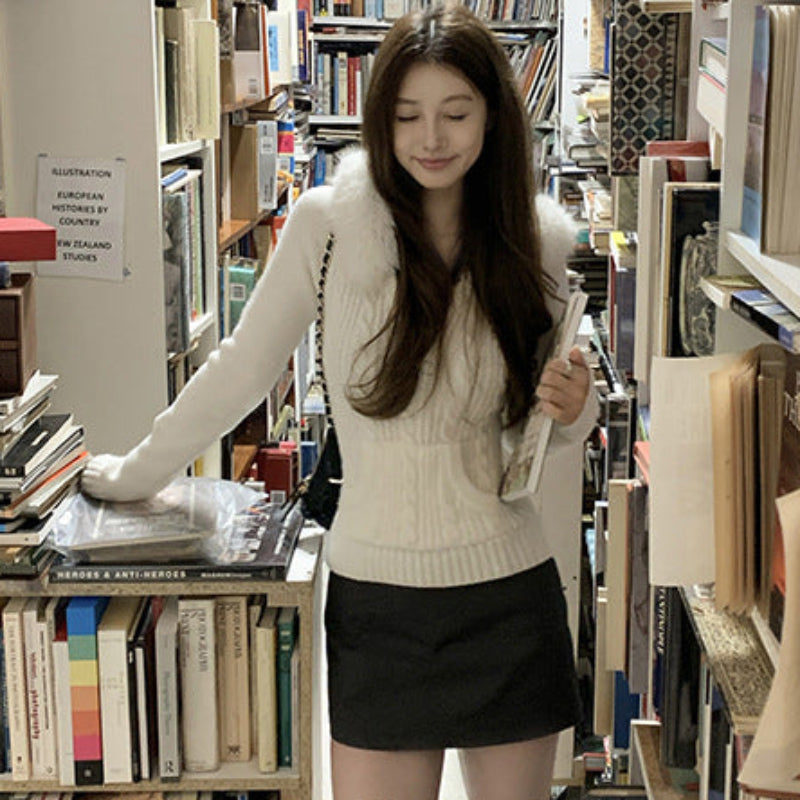 ファーフード付きケーブルニットセーター(2colors)