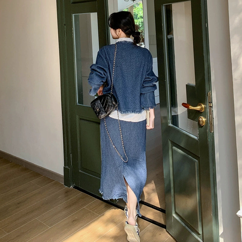 デニムジャケットスカートスーツ×ブラウス3点セット