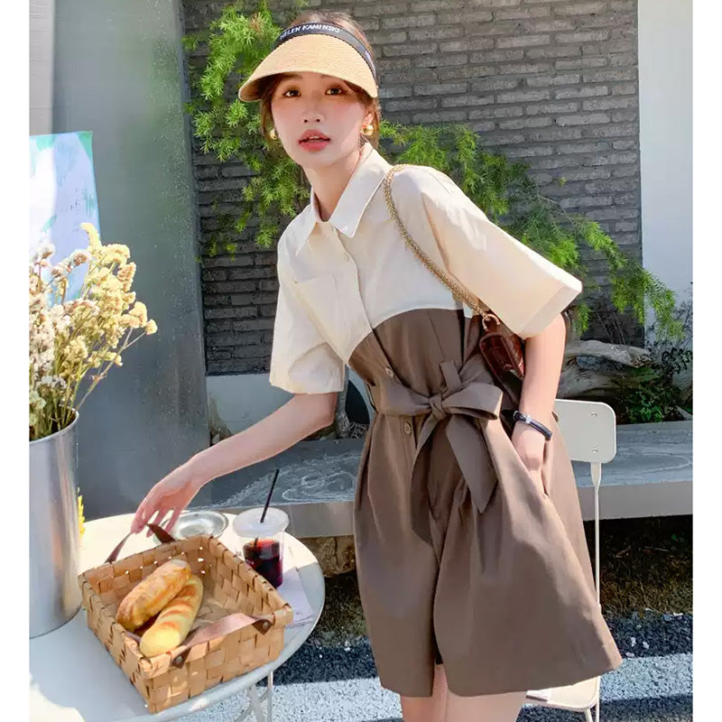 バイカラーウエストリボン ショートオールインワン