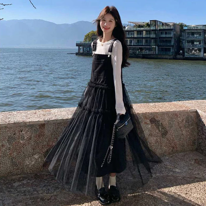 ロングTシャツ×ドッキングチュールサロペット