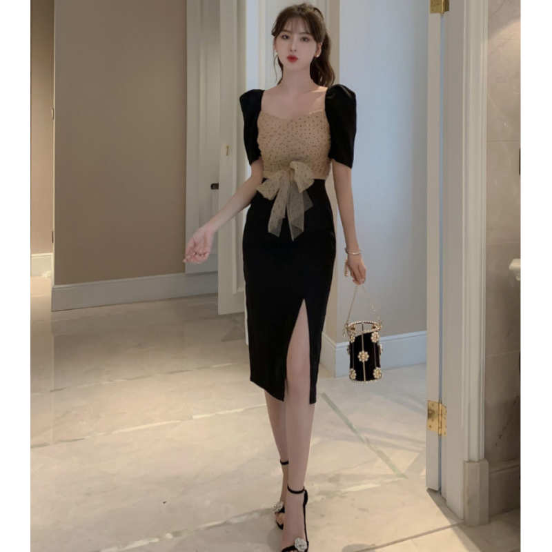 ドットチュールコンビスリットタイトワンピース