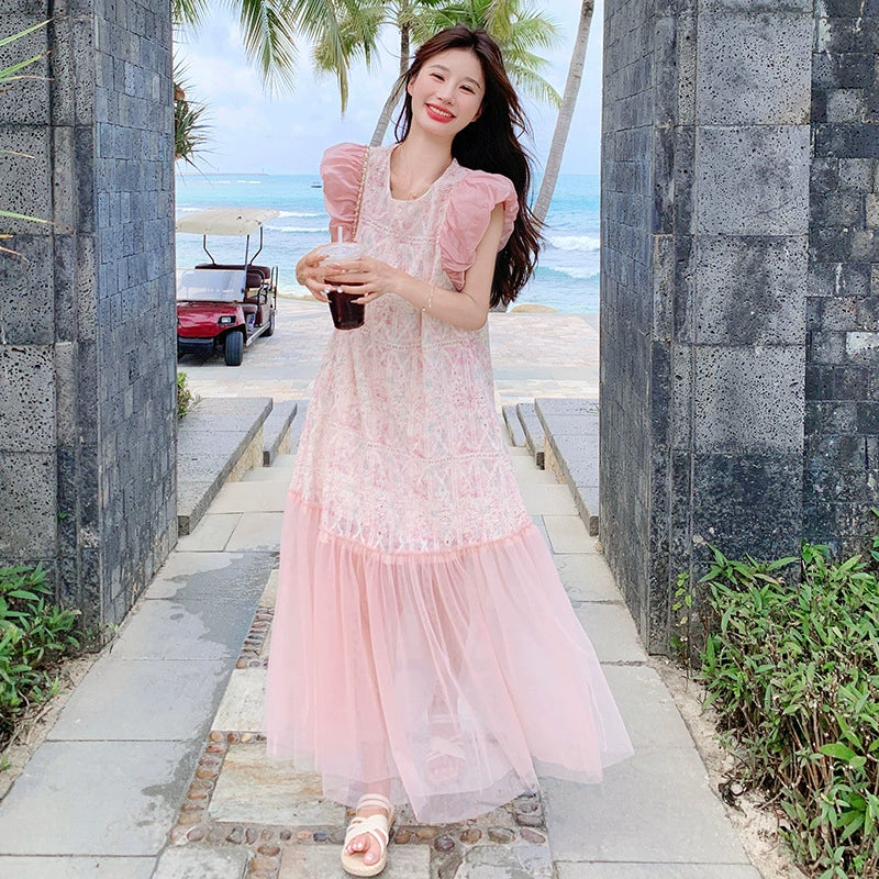 パフスリーブチュール切り替えワンピース