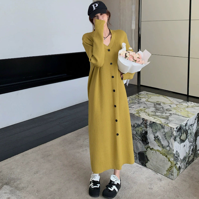 Vネックリラクシーロングニットワンピース(2colors)