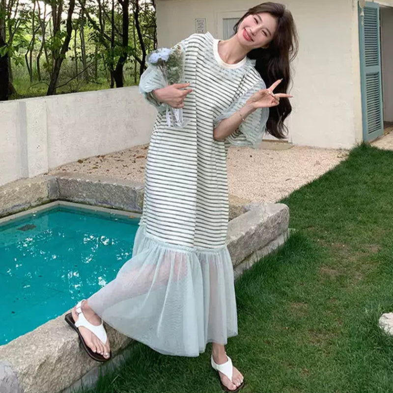 ストライプメッシュTシャツワンピース