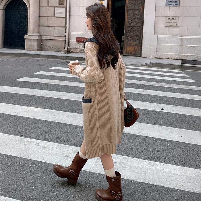 フード付きケーブルロングカーディガン