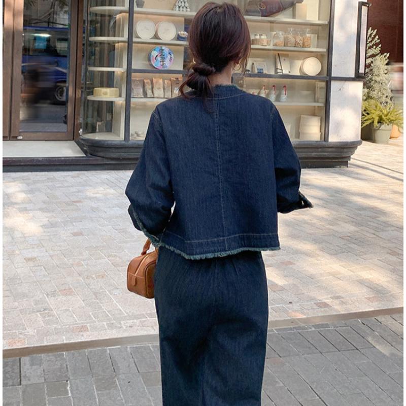 【即納】タッセルデニムジャケット×ワイドパンツセットアップ