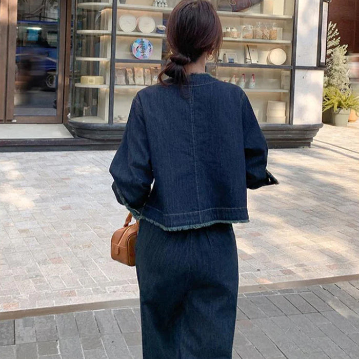 タッセルデニムジャケット×ワイドパンツセットアップ