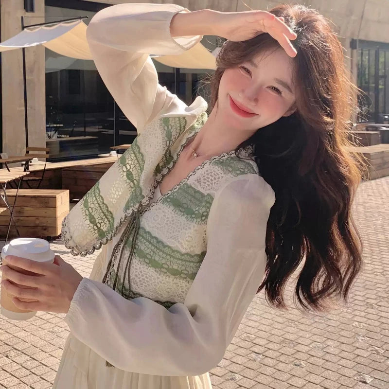 グリーンボーダーカーディガン×キャミソールワンピース