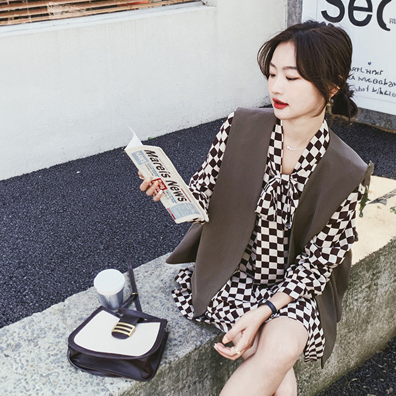 チェック柄ワンピース×ベストセット