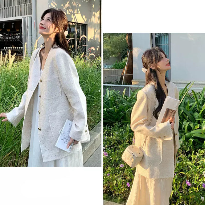 エレガントノーカラーツイードジャケット(3colors)