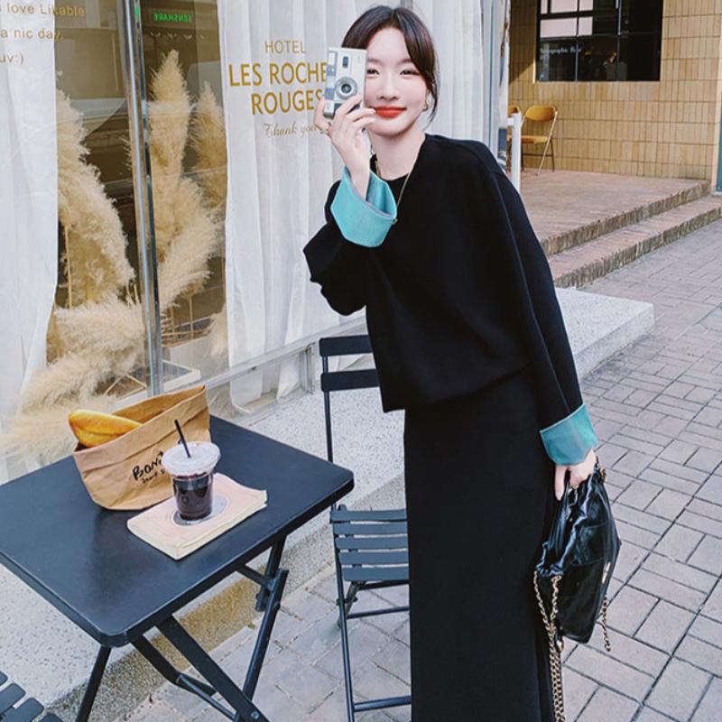 スウェットバイカラートップス×スカートセット