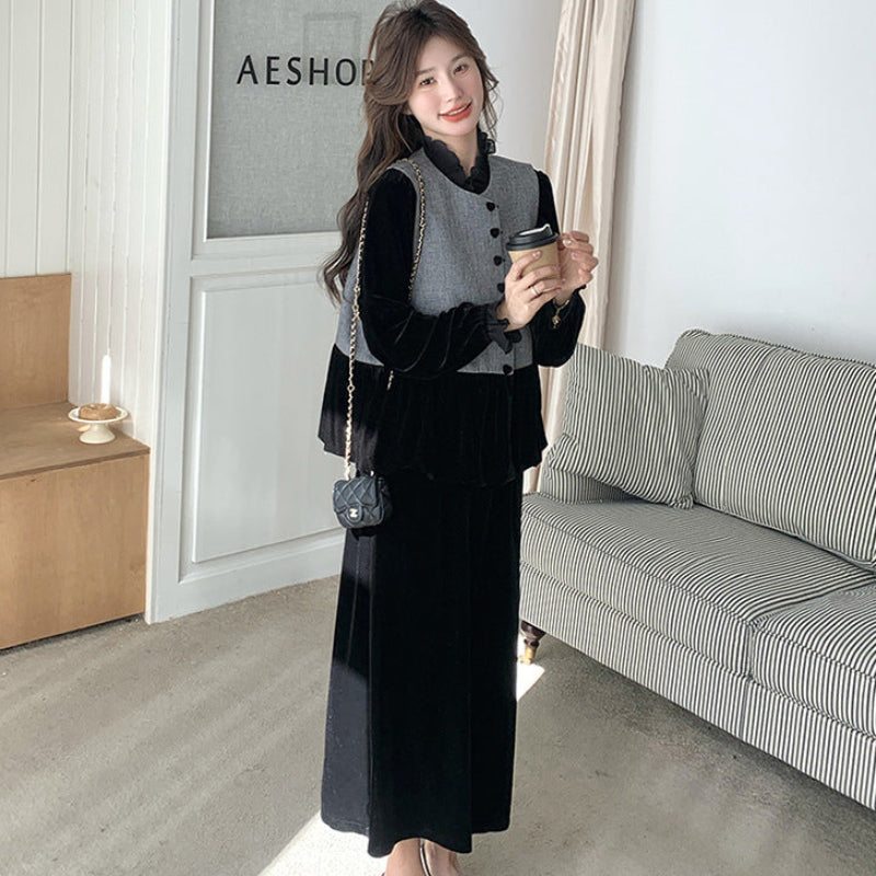 エレガンスベルベットベスト×トップス×スカート3点セット