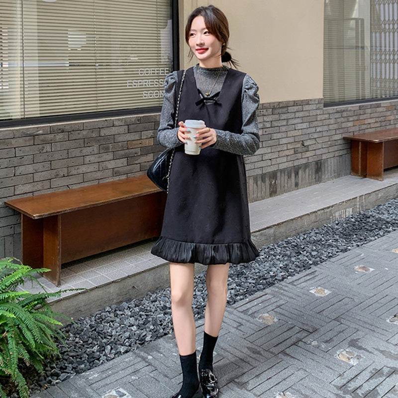 パフスリーブ×裾フリルミニワンピース