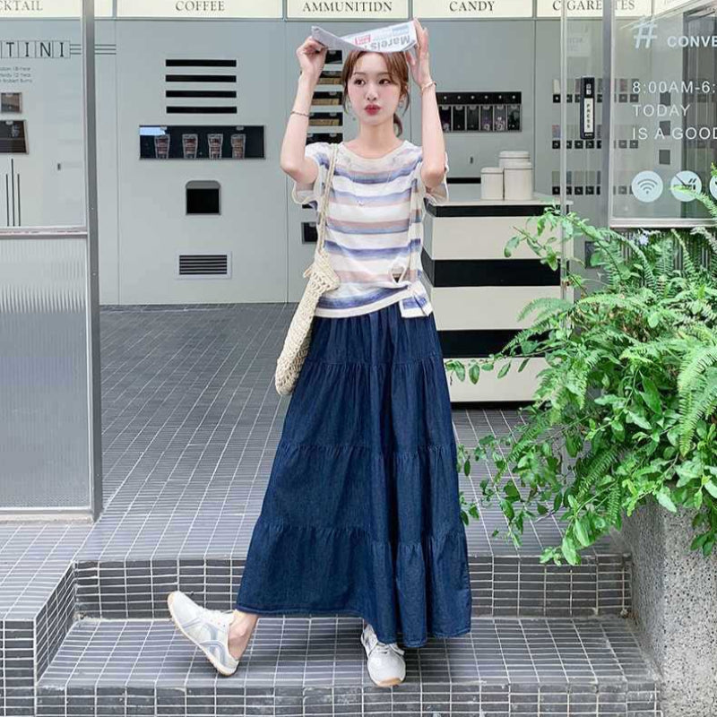 ボーダーTシャツ×デニムスカートセットアップ