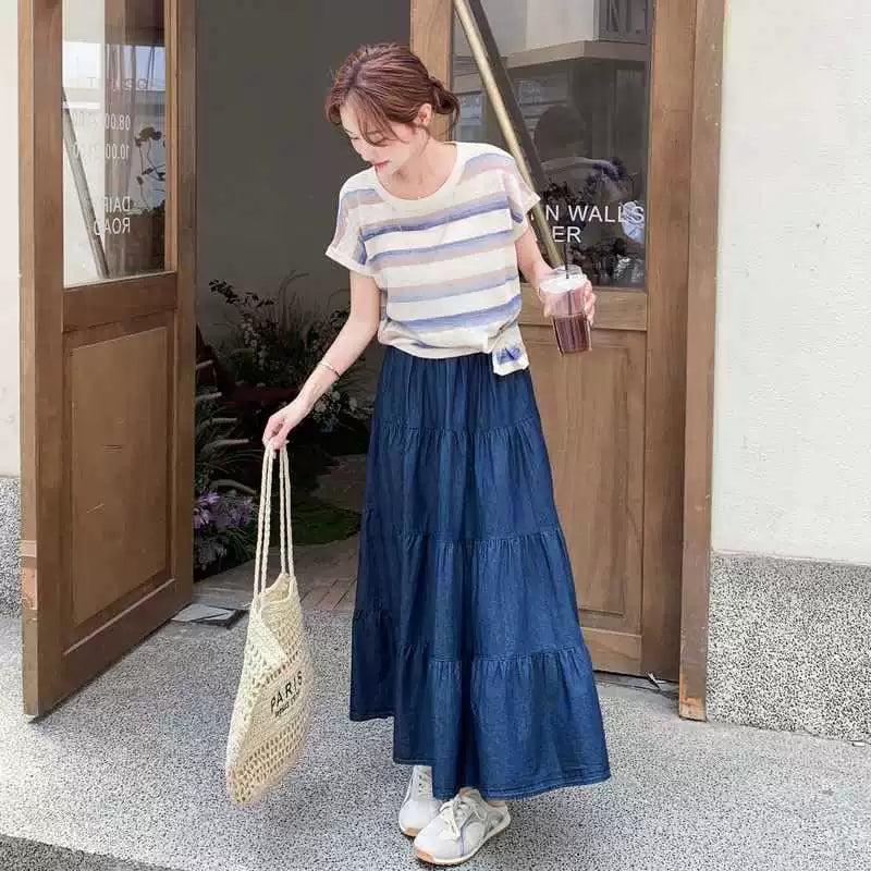 ボーダーTシャツ×デニムスカートセットアップ