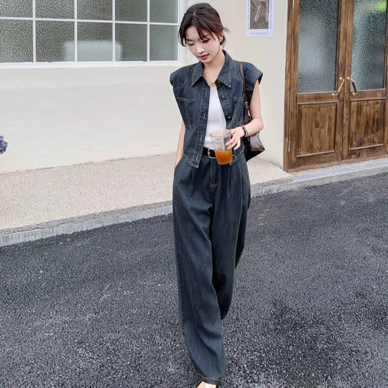 GBG ネイビー ベストとパンツのセット デニムベスト×ワイドレッグ