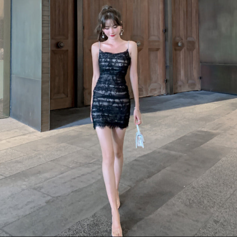 ラインストーンストラップチュールミニドレス(2colors)