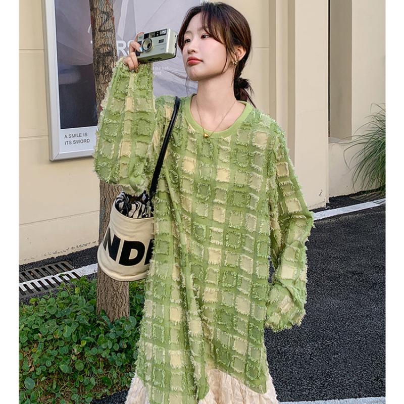 グリーンエンボスチェックワンピース