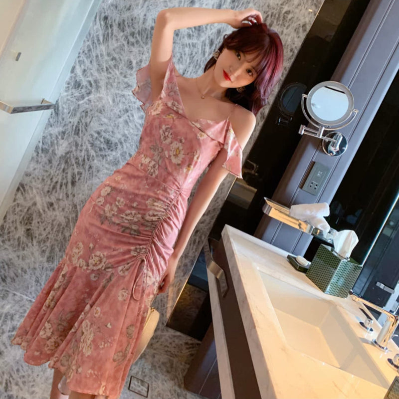 シフォンフラワープリントドレス