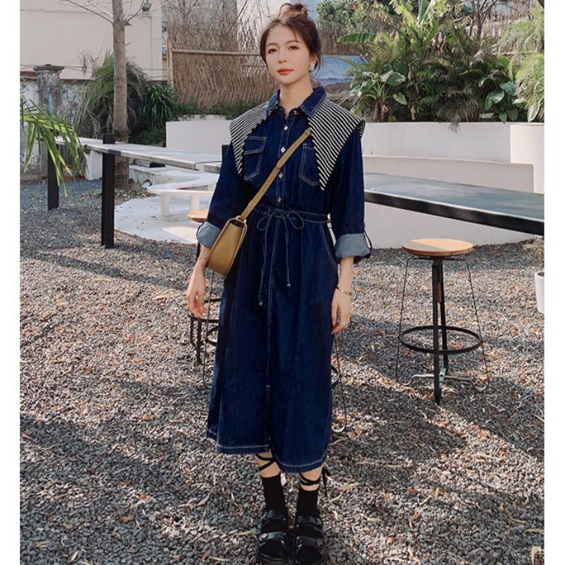 ストライプスカーフ付きデニムワンピース