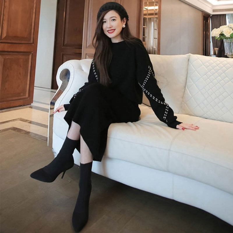 ステッチスリーブニット×スカートツーピースセット(3colors)