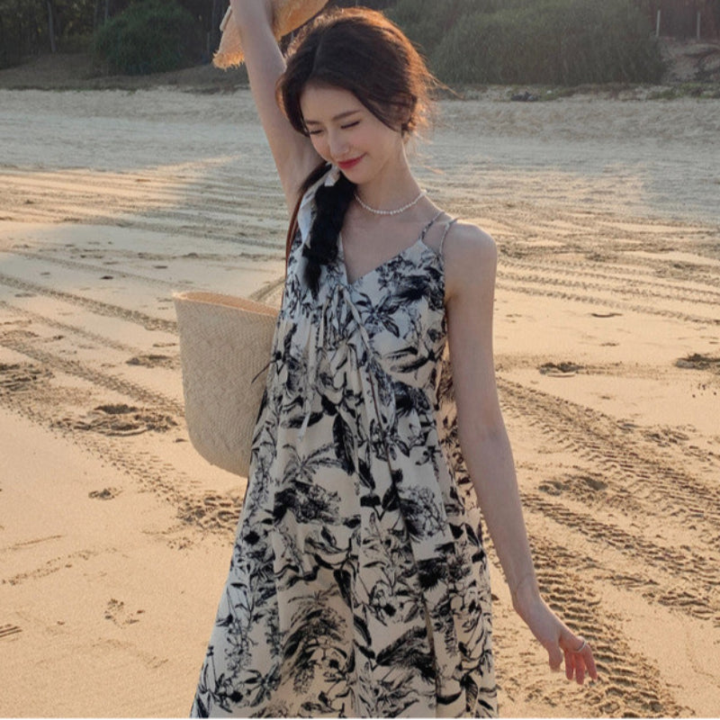 ダブルストラップボタニカルプリントワンピ