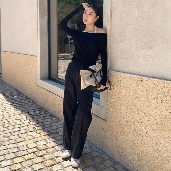 ハイウエストワイドストレートデニムパンツ