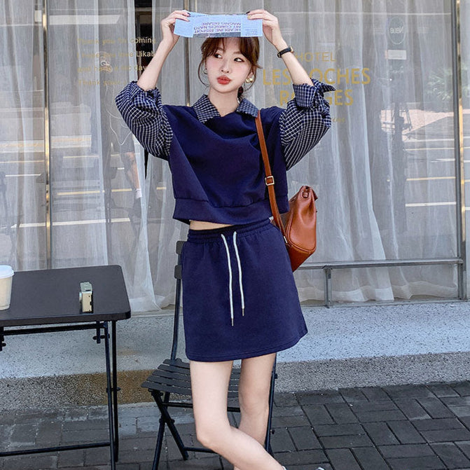 ブルーチェックレイヤードスウェットスカートセット