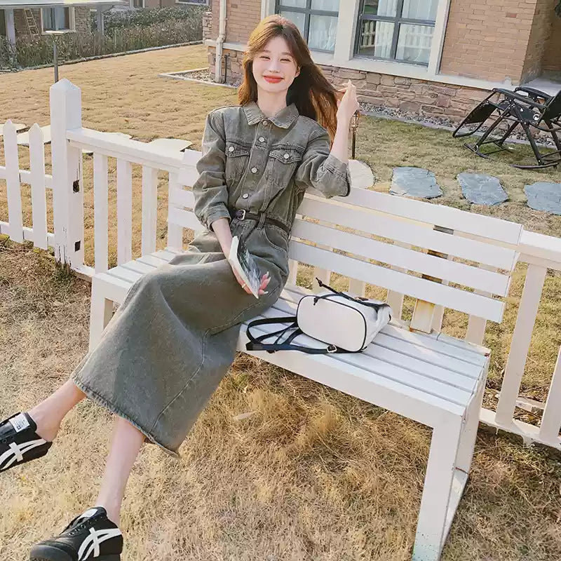 ウォッシュグレーデニムワンピース(灰) 春/秋 カジュアルなコーデワンピ