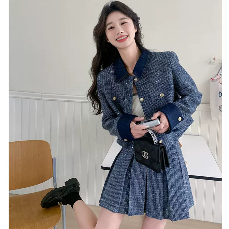 レトロブルージャケット×プリーツミニスカートセット