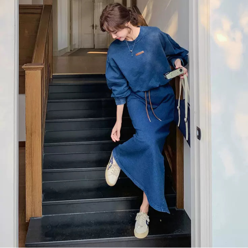 デニムトレーナー×タイトスカートセット