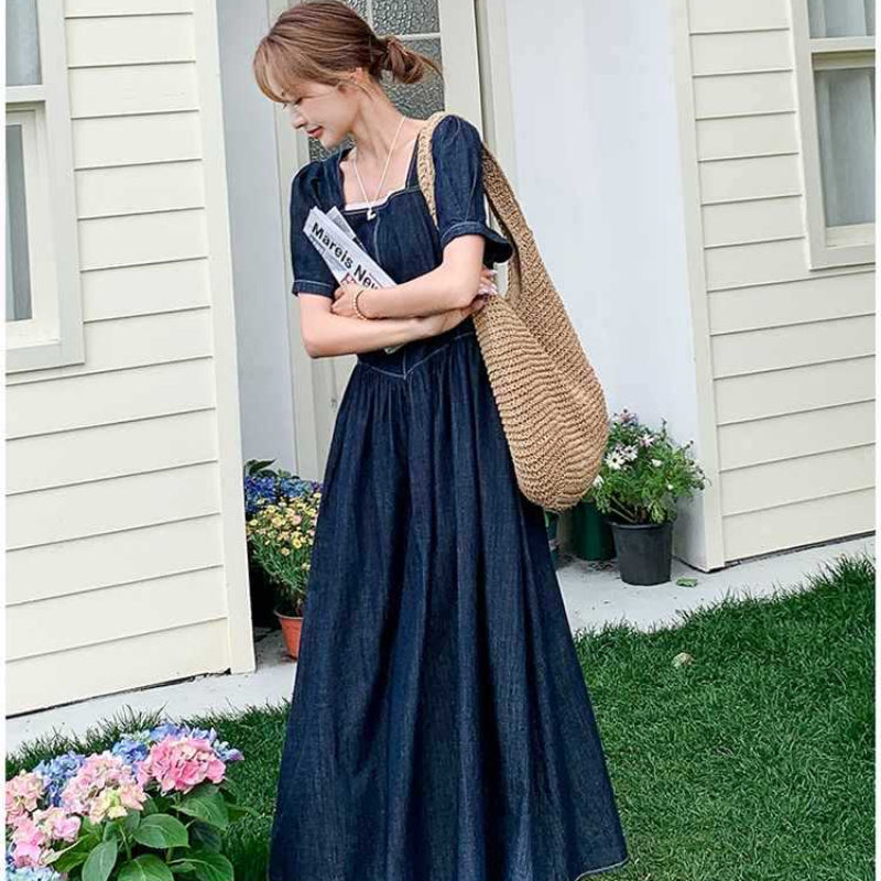 スクエアネックマキシ丈デニムワンピース