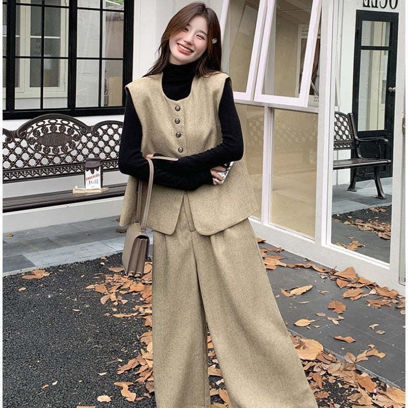 フロントボタンベスト×ワイドパンツセット